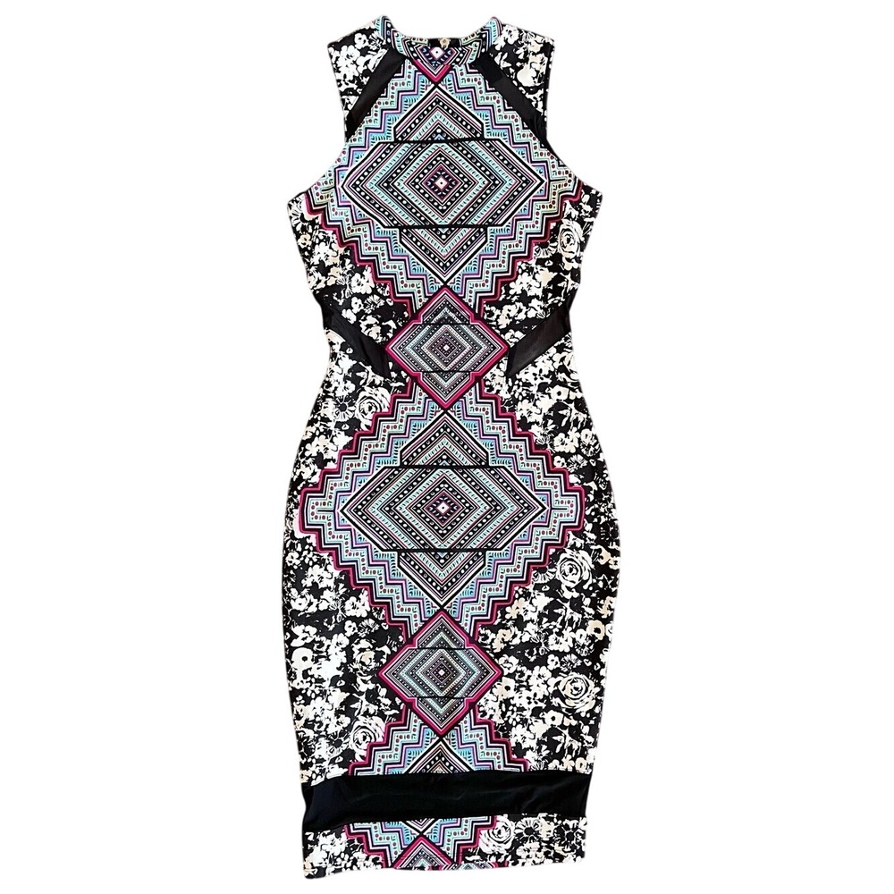 Material Girl Aztec Floral Mesh Cutout Bodycon Dress Y2K Clubwear Sz S